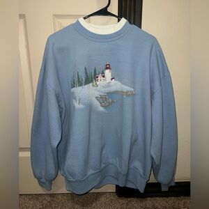 Vintage Xmas Sweater/ Top Stitch by Morning Sun Blue Lighthouse Winter Scene XL